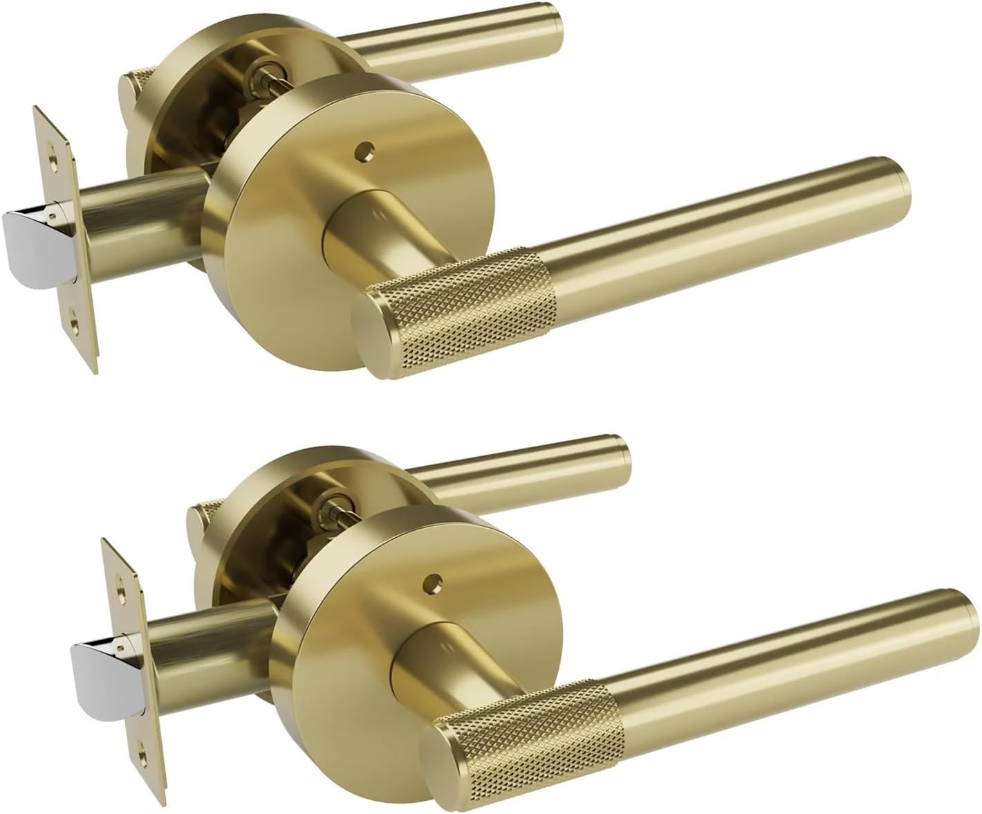 2PCS Privacy Door Handle Front Knurled Lever Round Base Bedroom Bathroom Lock Reversible(Black)