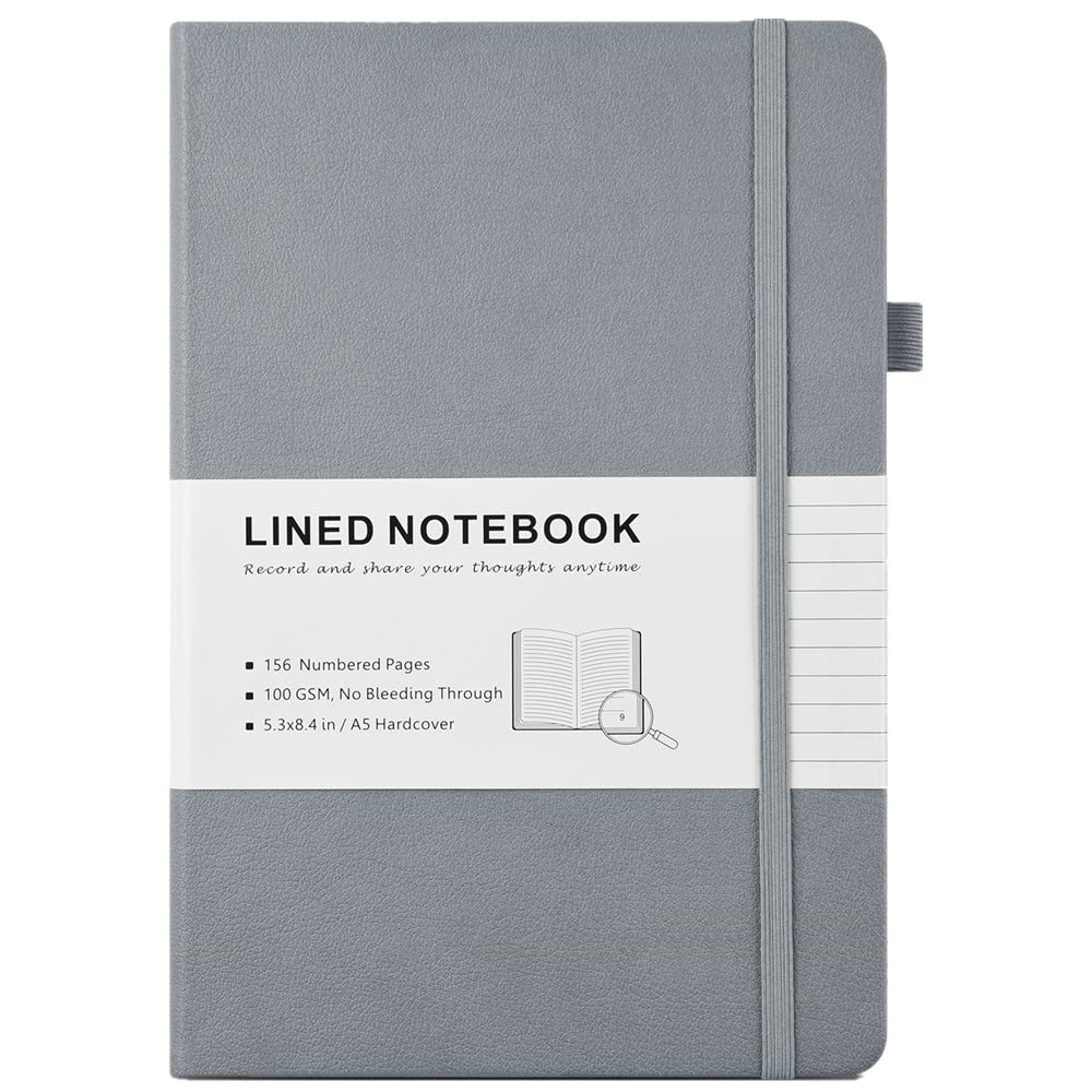 Lined Journal Notebook, College Ruled Notebook Journal for Women Men, Numbered Pages with Index Content, 2 Inner Pockets, 2 Bookmarks, 100 GSM Thick Paper, A5, Hardcover, Leather Notebook (Grey)