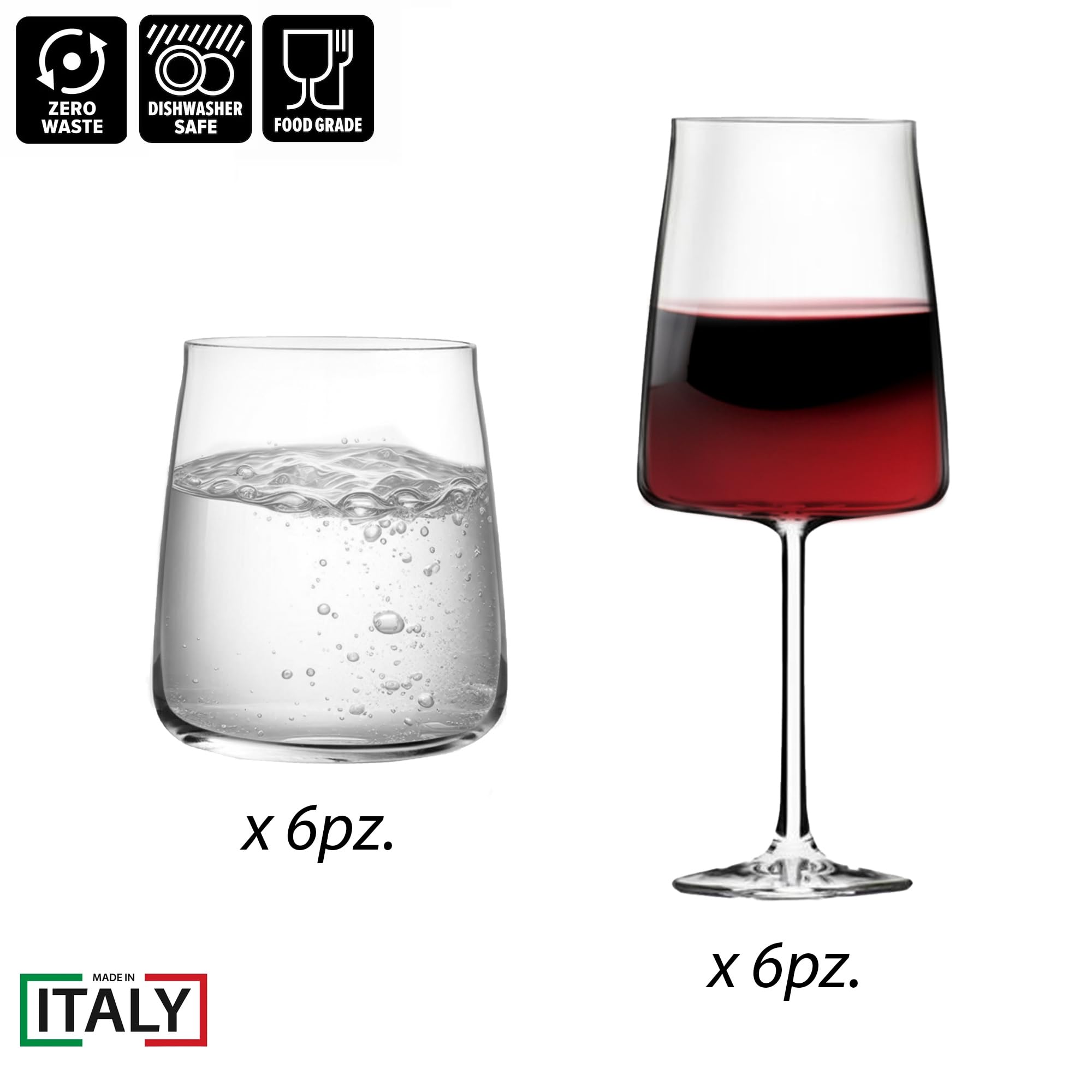 Sicignano Set 6 Calici CL.65 con 6 Bicchieri CL.42 Essential per Vino Acqua, Cristallo Ecologico, Trasparenti, Resistenti, Uso Quotidiano, per Casa Ristorante Feste