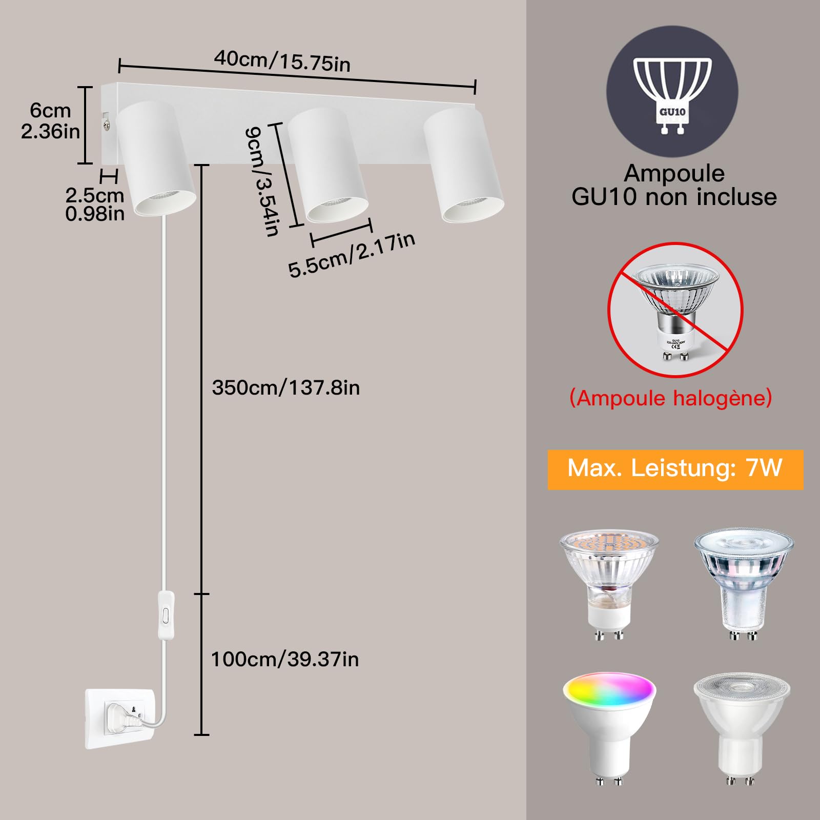 Applique Murale Intérieure avec Prise et Interrupteur 3 Spots - Blanc GU10 Lampe de Chevet Murale Moderne Tourner 350° - Lampe Murale pour Chambre Salon Couloir Peinture Murale - Sans Ampoules