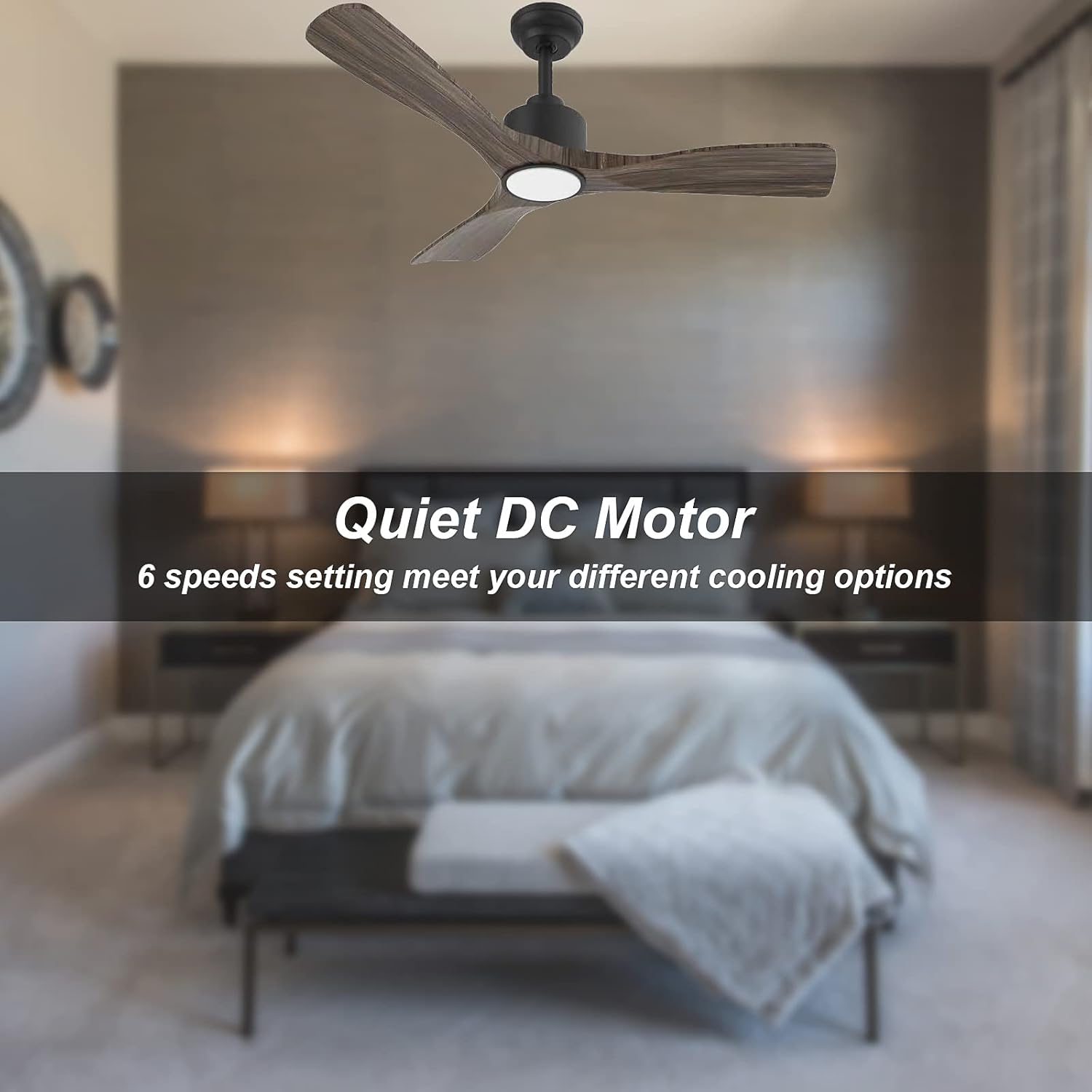 Diagram showing ceiling fan dimensions and recommended room size