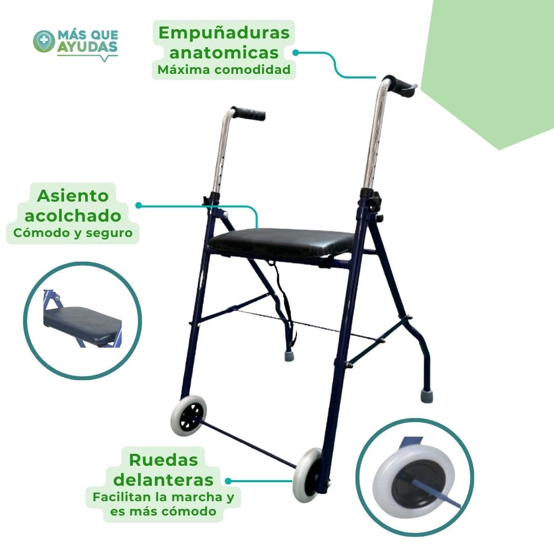 Andador con Asiento para Ancianos, Ruedas Delanteras, Plegable, Regulable en Altura 75-92 cm, Asiento Acolchado 39 x 20 cm, Estructura de Acero, Puños Anatómicos, Azul