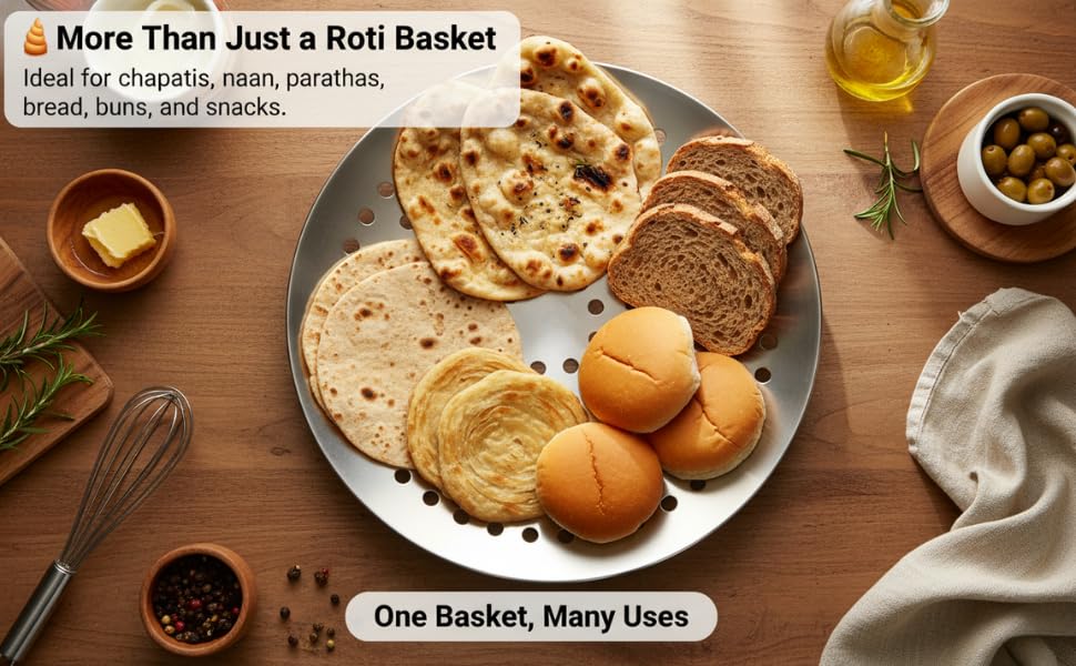 Image of Greecho Stainless Steel Chapati Basket Roti Holder for Dining Table Bread Naan Paratha Serving Plate Rust-Resistant Durable Kitchen & Dinnerware Serveware for Home and Restaurant (Medium 9 inch)