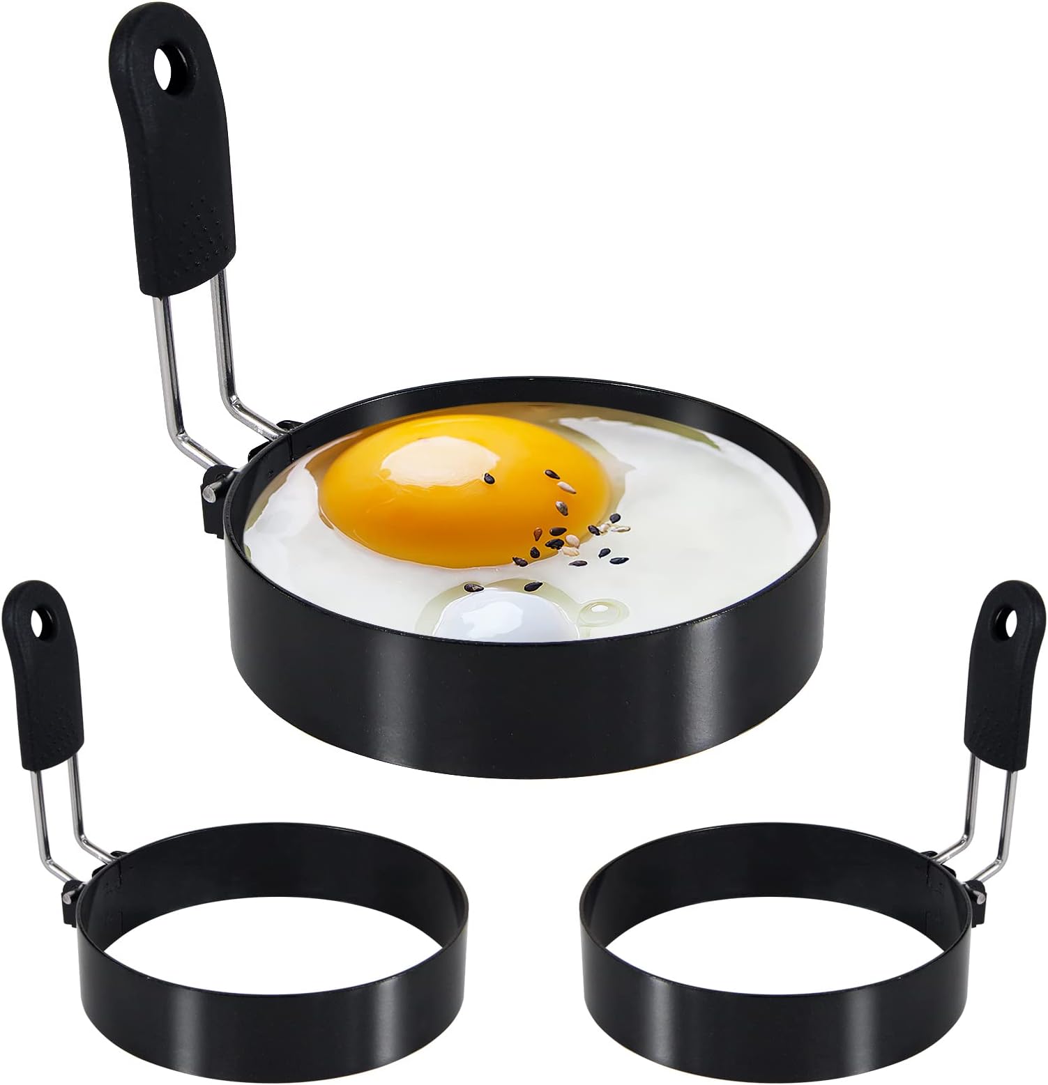 3-Pack 3.5'' Egg Rings Set with Silicone Handle, Stainless Steel Egg Cooking Rings，Nonstick，For Frying Eggs and English Muffins Pancake, Egg Mold Shaper For Breakfast