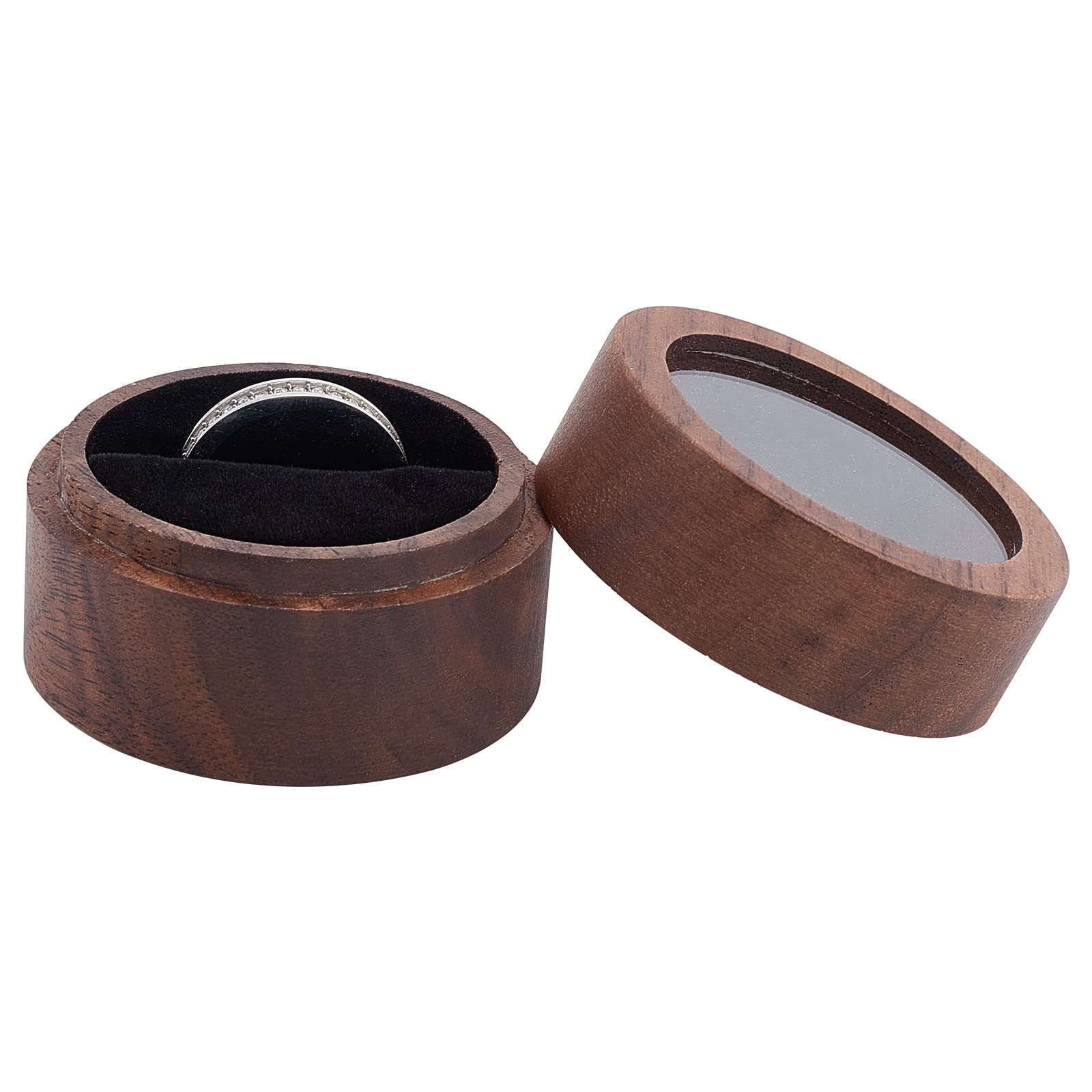 FINGERINSPIREFINGERINSPIRE Walnut Wooden Ring Box 2x1.4inch Round Wooden Jewelry Ring Box with Clear Window Small Column Rings Box with One Slots Black Velvet for Proposal Engagement Birthday Wedding Ceremony