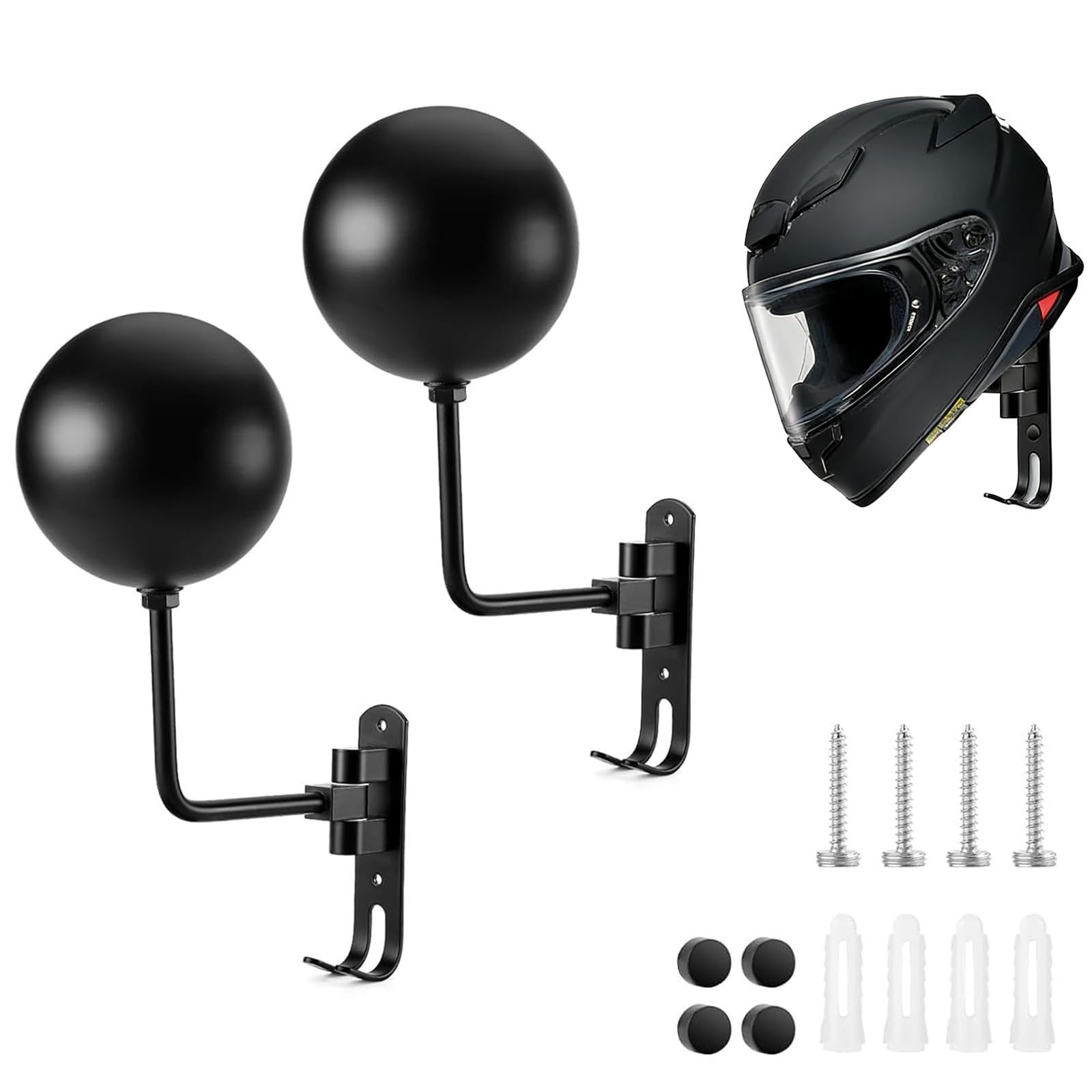 2 Pièces Support Mural Casque Moto Polyvalent, Sphérique Porte de Casque Mural de Rotation 180° avec Crochet, Accessoire Moto pour Accrocher Chapeaux, Manteaux et Clés, Noir