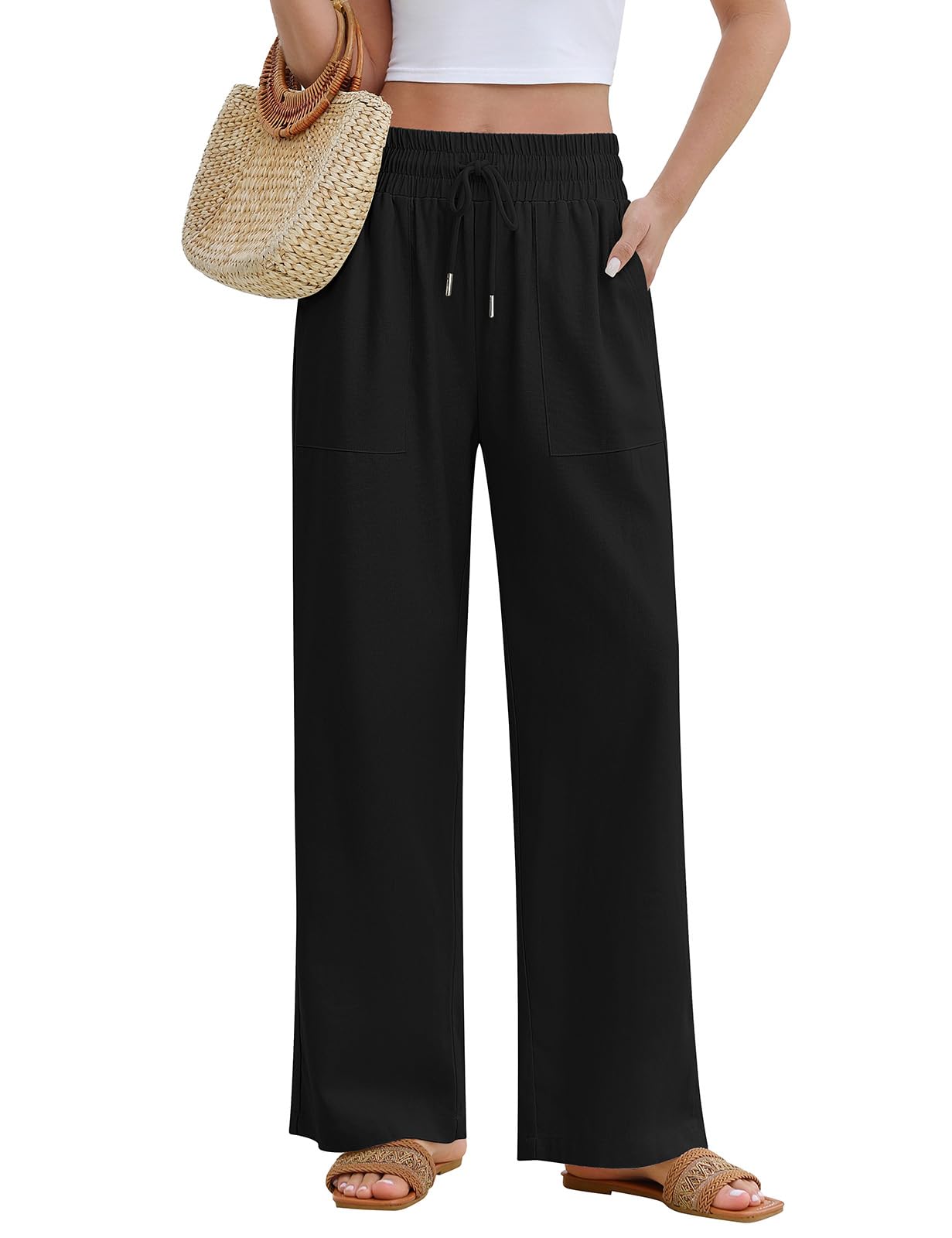 Fashora Leinenhose Damen Sommer Hosen Weite Leicht Sommerhose Elastisch Hohe Taille Freizeithose Lang Elegant Palazzo Bequeme Lockere Stoffhose Strandhose mit Tunnelzug, Taschen
