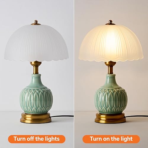 Miniatura 3 de Juego de 2 lámparas de mesa de cerámica, modernas lámparas de noche verdes de mediados de siglo, vintage, lámpara de escritorio retro de cristal con