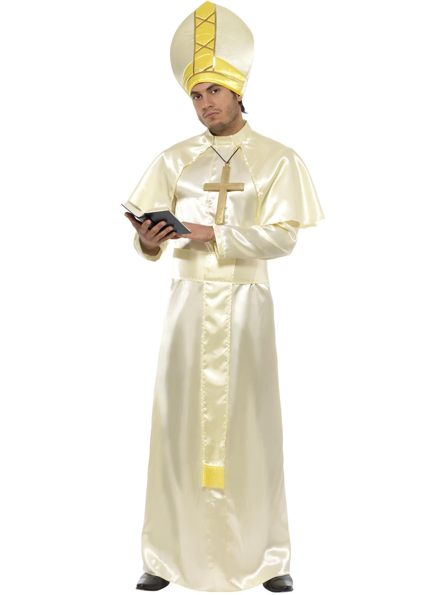 Smiffys Pope Costume, Cream Robe, Sash, Hat, Necklace and Cape, Saints and Sinners Fancy Dress, Adult Dress Up Costumes