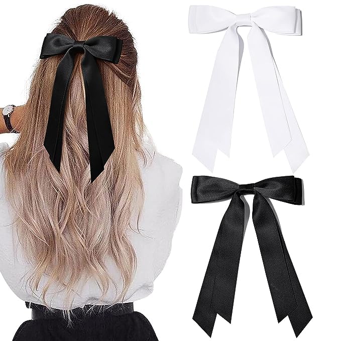 ADORNISH 2PCS Silky Satin Hair Bows Hair Clip Beige Black Hair Ribbon Ponytail Holder Accessories Slides Metal Clips Hair Bow for Women Girls Toddlers Teens Kids (Black & White) (B0CZF8V24M) Amazon Price History, Amazon Price Tracker