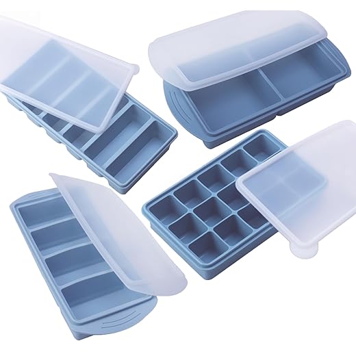 Silicone Freezer Molds Gift Set with 2 Tbsp, 1/2, 1, and 2 Cup Silicone Freezer Trays With Lids - Meal Prep and Kitchen Essentials Bundle (Blue 4 Pack)