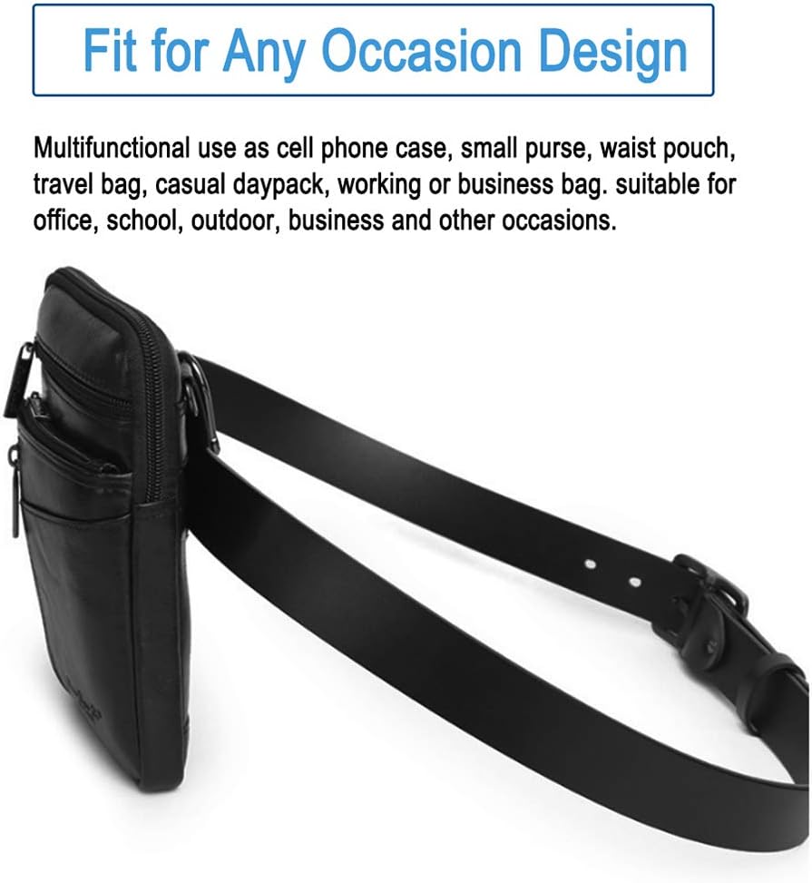 Leather Small Shoulder Bag Waist Belt Pouch Crossbody Bag for 7.0" Cell Phone Money Carrying Case Purse Wallet Bum Bag Fanny Pack for Men Women L Size Style2-Black