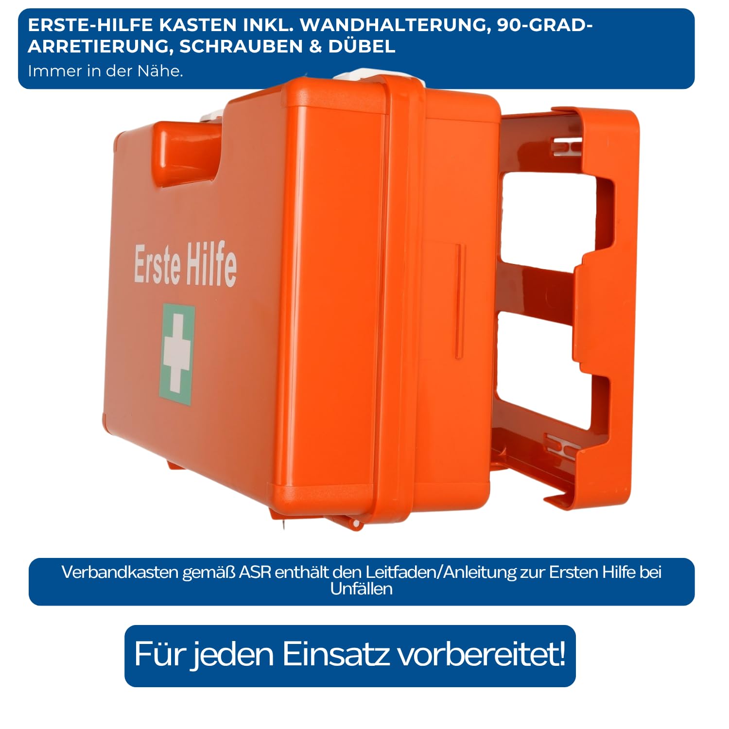 First Aid Products Erste Hilfe Koffer MEDIUM – inkl. DIN 13157:2021 Füllung – orange, ABS-Kunststoff, bruchsicher – Wandhalterung & Schrauben – öffentliche Einrichtungen, Betrieb, Bau & Privat