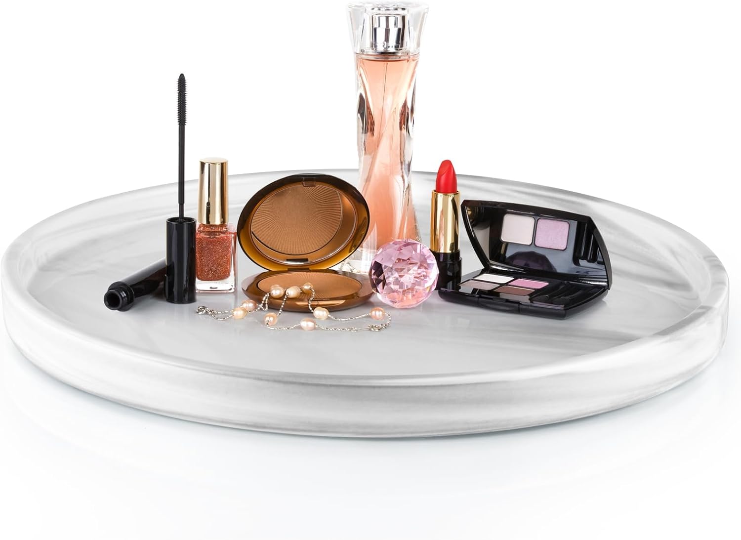 12" Large Ceramic Vanity Tray, Circle Perfume Plate Organizer, Jewelry Holder Dish, Non Slip Decorative Tray for Bathroom, Bedroom, Kitchen, Coffee Table (Marble Grey)