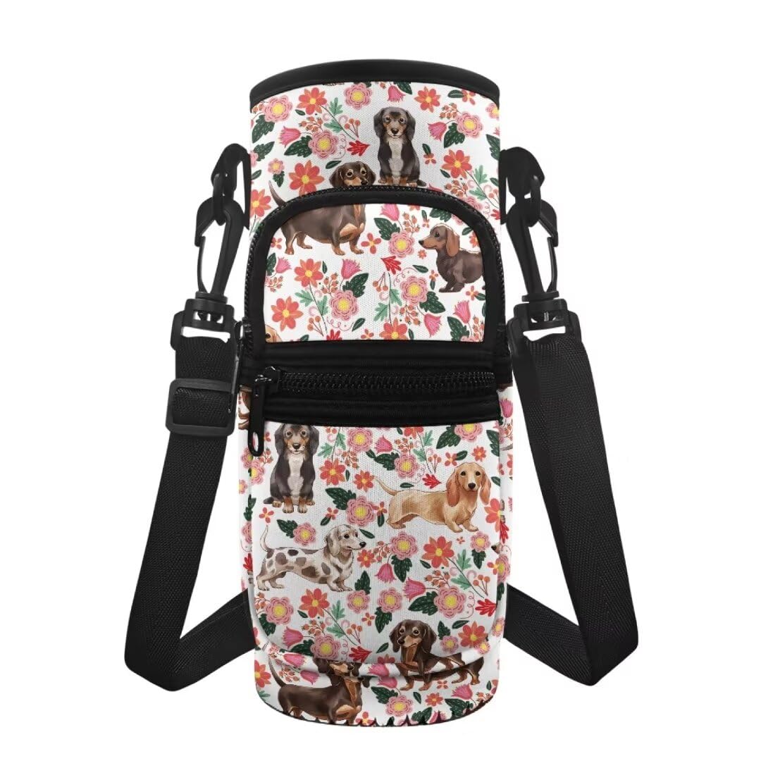 Jeiento Linda funda de transporte de agua con diseño de perro salchicha para mujer, bolsa de botella de agua de acero inoxidable y plástico con flores rosas