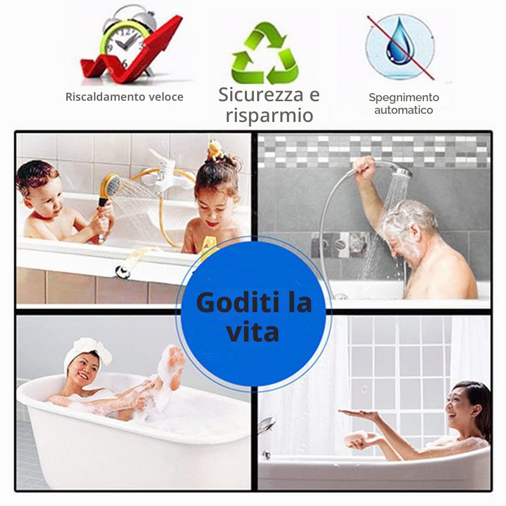 Scaldabagno elettrico digitale acqua calda senza serbatoio Kit doccia 30-55°C, 6500W, display LED, funzionamento touch, protezione interruzioni corrente
