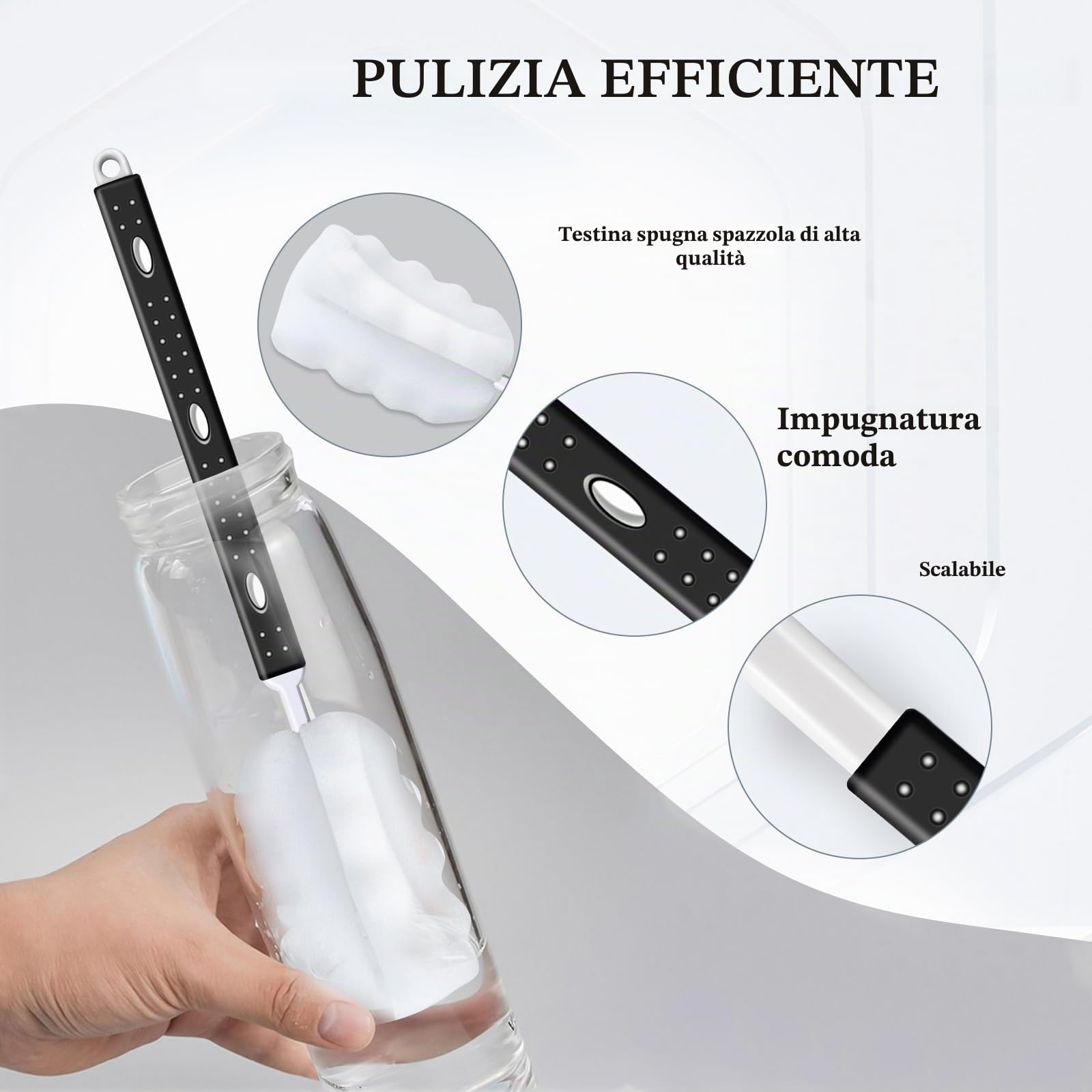 2 pezzi Scovolino per Bottiglie in Spugna, Scovolino Bottiglie, Manico Regolabile Scovolino per Borraccia, Spazzola per Bottiglie, Pennelli per Bottiglie per Biberon, Vetro, Tazza, Bollitore, Vaso