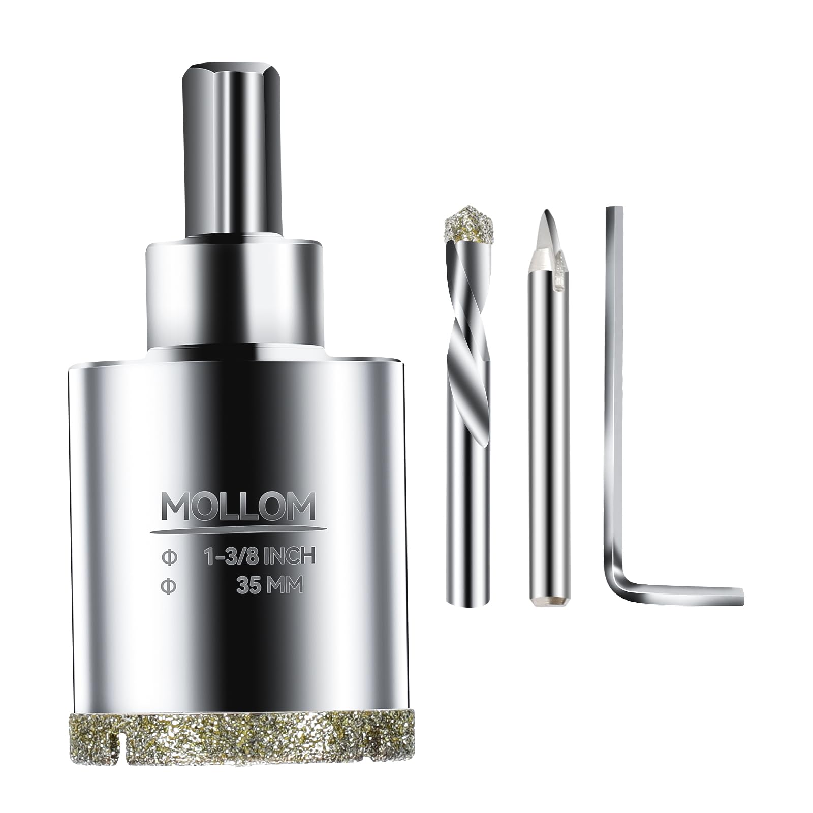 MOLLOM (35mm | 1-3/8") Sierra de corona de diamante con 2 brocas piloto removibles, corte suave para azulejos de porcelana, vidrio, cerámica, mármol, fibra de vidrio, etc