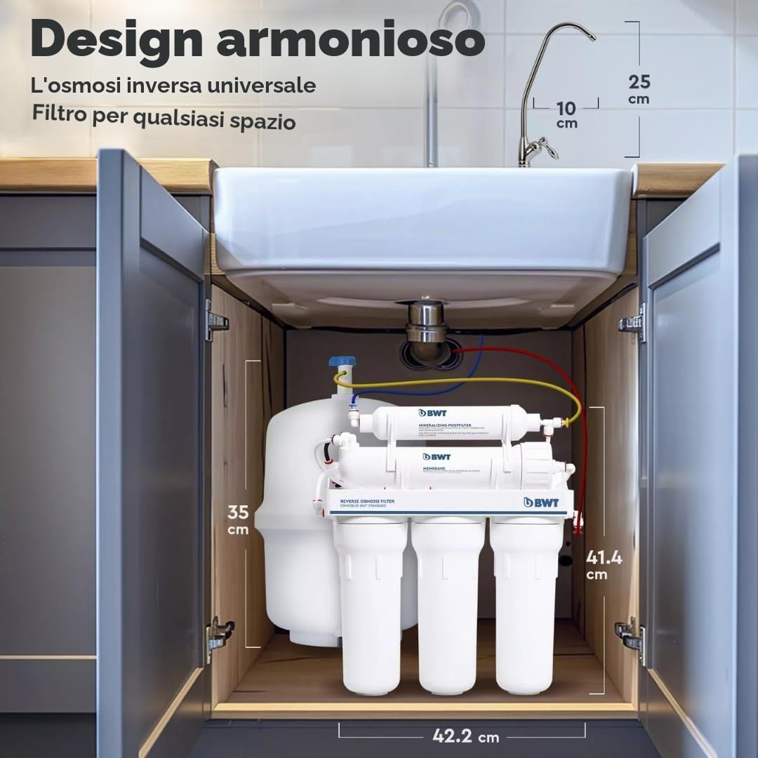 Sistema ad osmosi inversa domestico BWT MO575MBWT – Senza pompa per una pressione in ingresso di 3-6 bar – 5 stadi con REMINERALIZZATORE – 75 GPD, portata di 11,8 L/h, serbatoio da 12 L