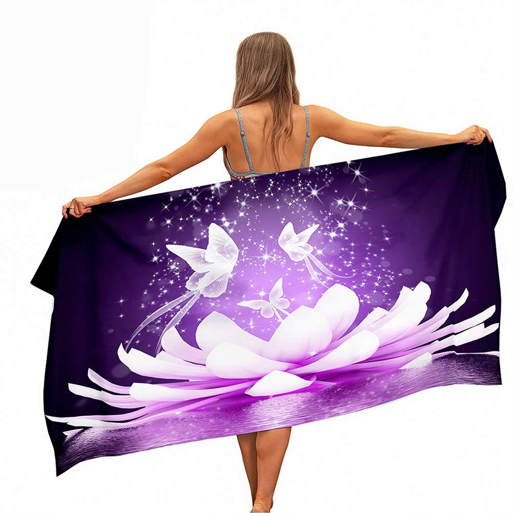 Surwin Girls Purple Lotus Beach Bath Towel, 3D Flowers Floral Print Microfibre Quick Dry Extra Large Lightweight Super Soft Summer Towels For Travel Vacation Pool Swim Or Sports Fitness (,80X180cm)