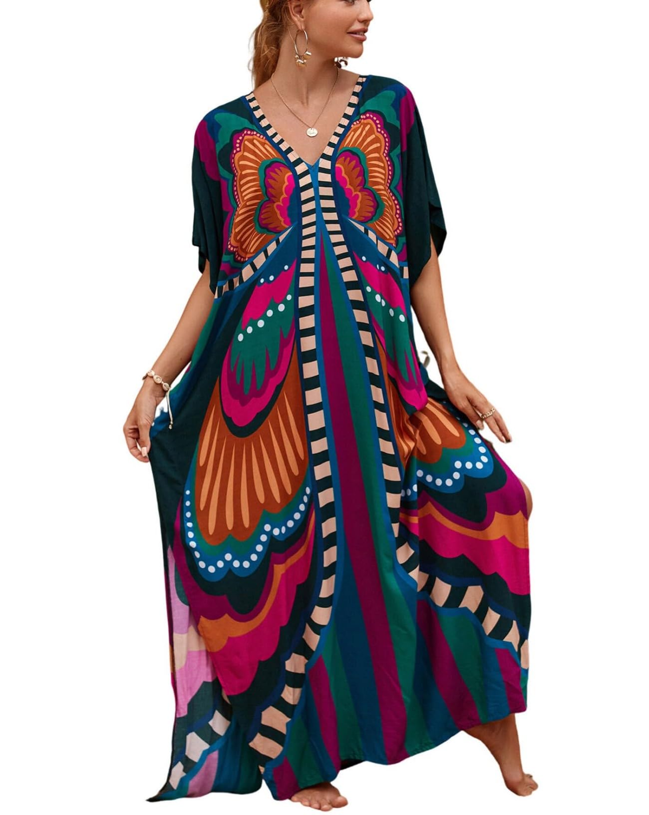 Kaftan Dresses for Women Plus Size Bathing Suit Cover up Batwing Sleeve Caftan Maxi Beach Dress