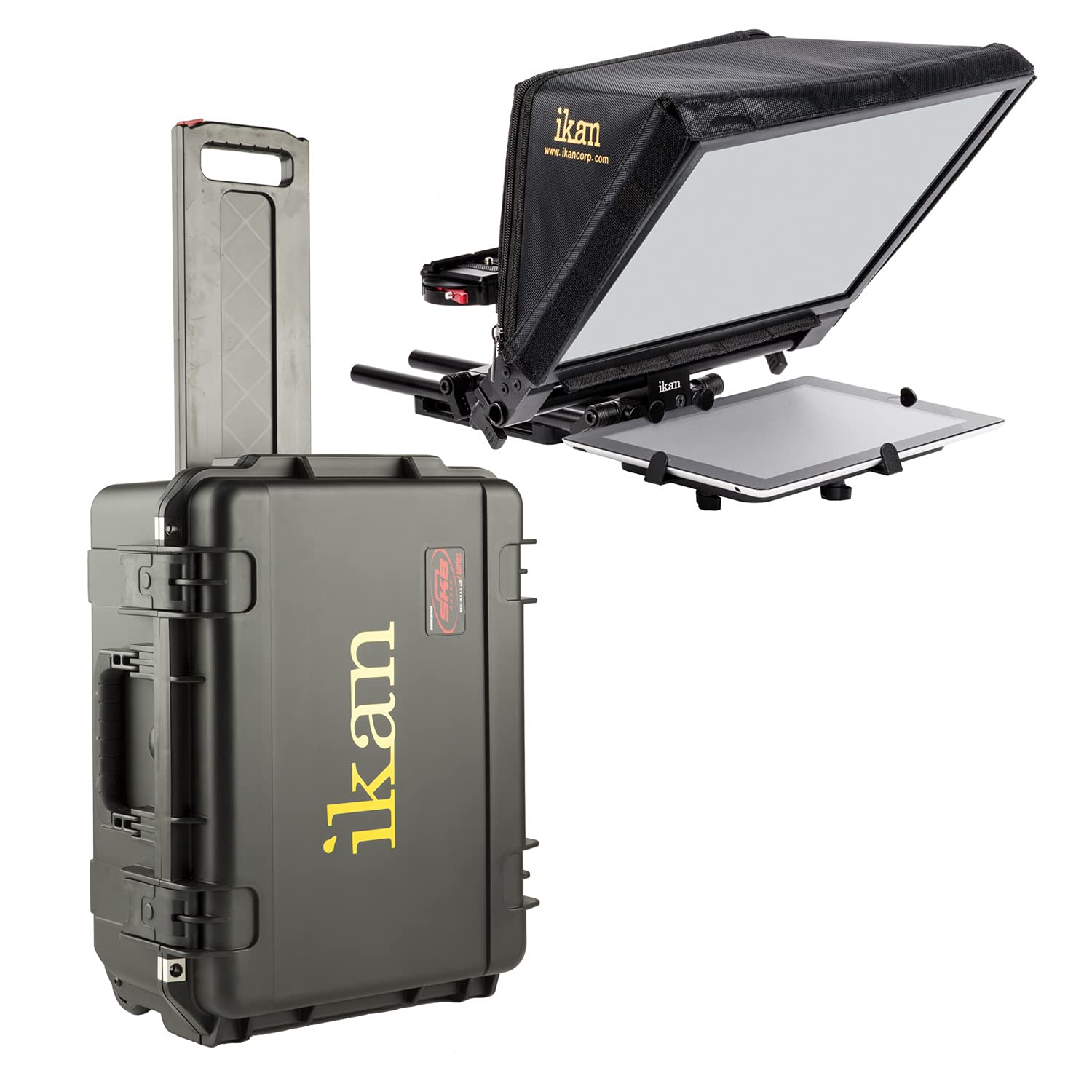 IkanElite Generation 2 Universal Large Tablet Teleprompter for Surface Pro & Ipad Pro, Beam Splitter 70/30 Glass w/Rolling Case (PT-ELITE-V2-TK) - Black