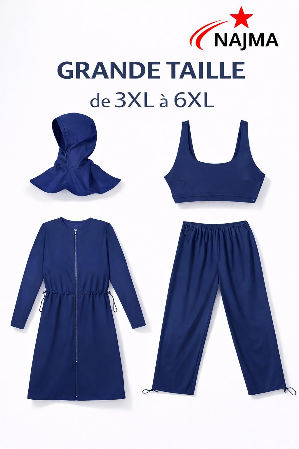 Burkini - Costume da bagno lungo con Hijab da bagno, taglia modesta, 4 pezzi, con cerniera
