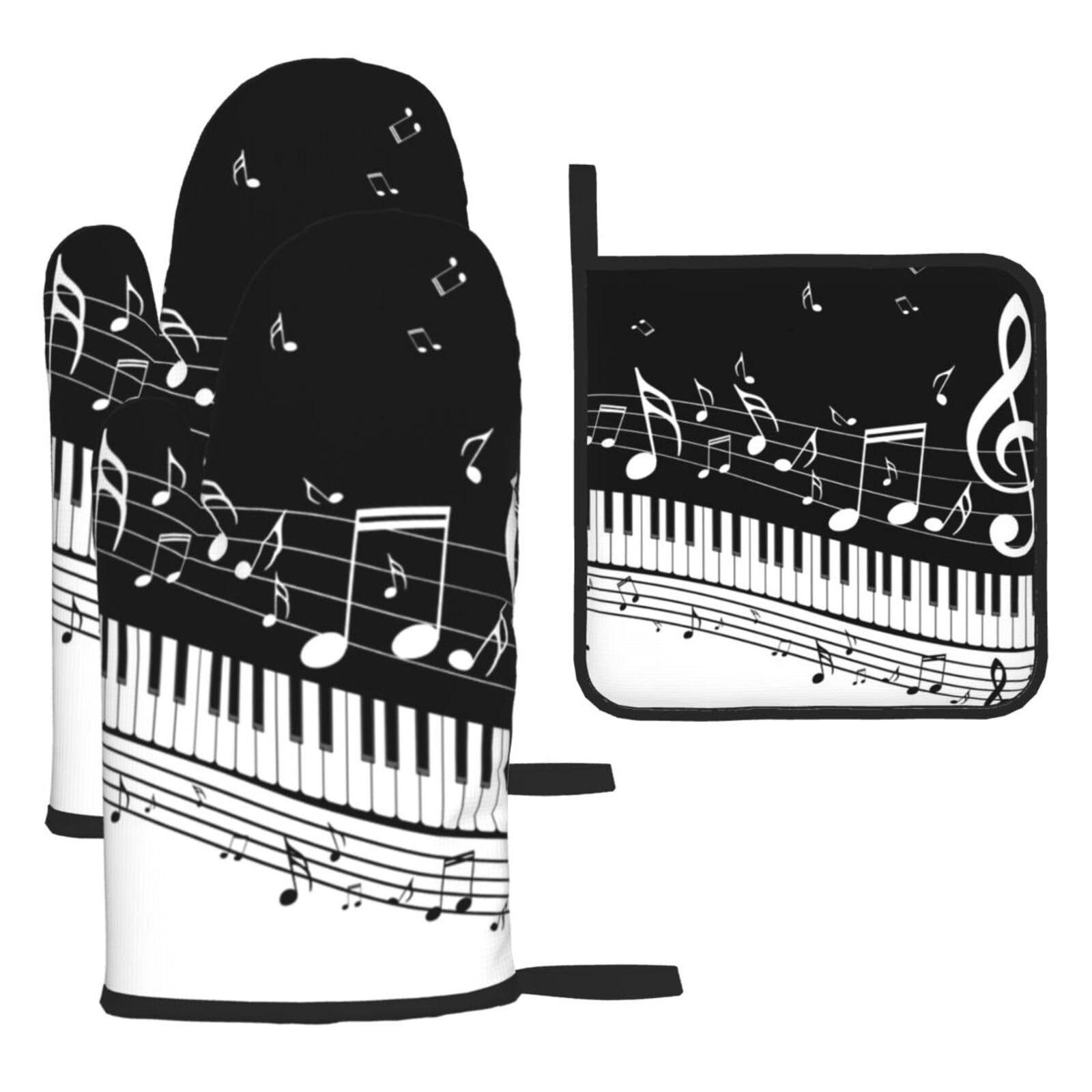 Piano Keys With Musical Notes Print Oven Set Kitchen Gloves Baking Grilling Microwaving Cooking Gift Everyday Holiday