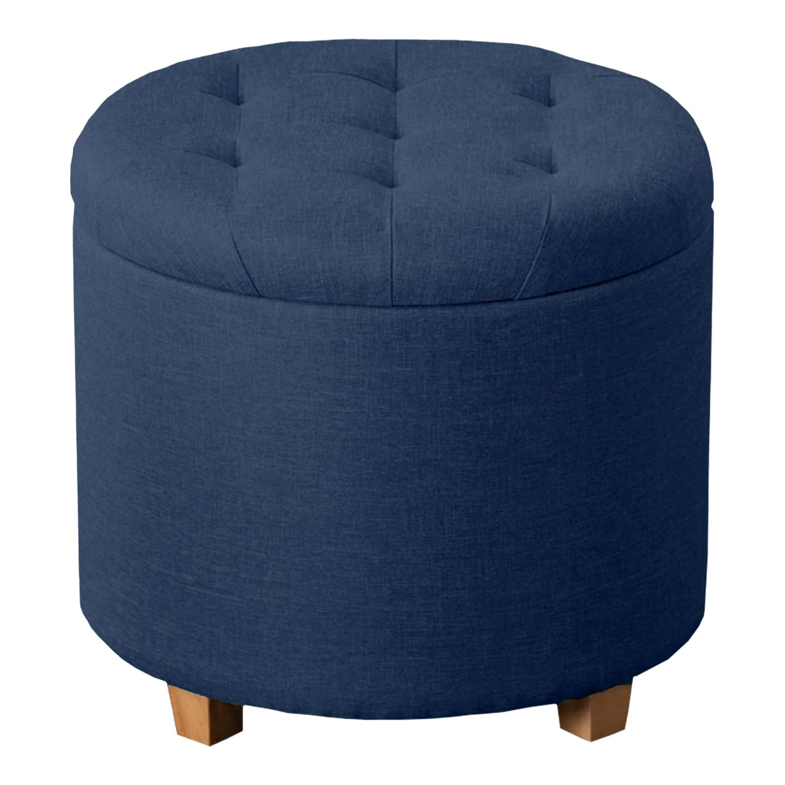 A406 Linen Fabric Round Ottoman Storage Box with Lid, Tufted Seat, Padded Stool Footstool with Storage Bench In Grey Black, Navy Colour (Navy Blue)