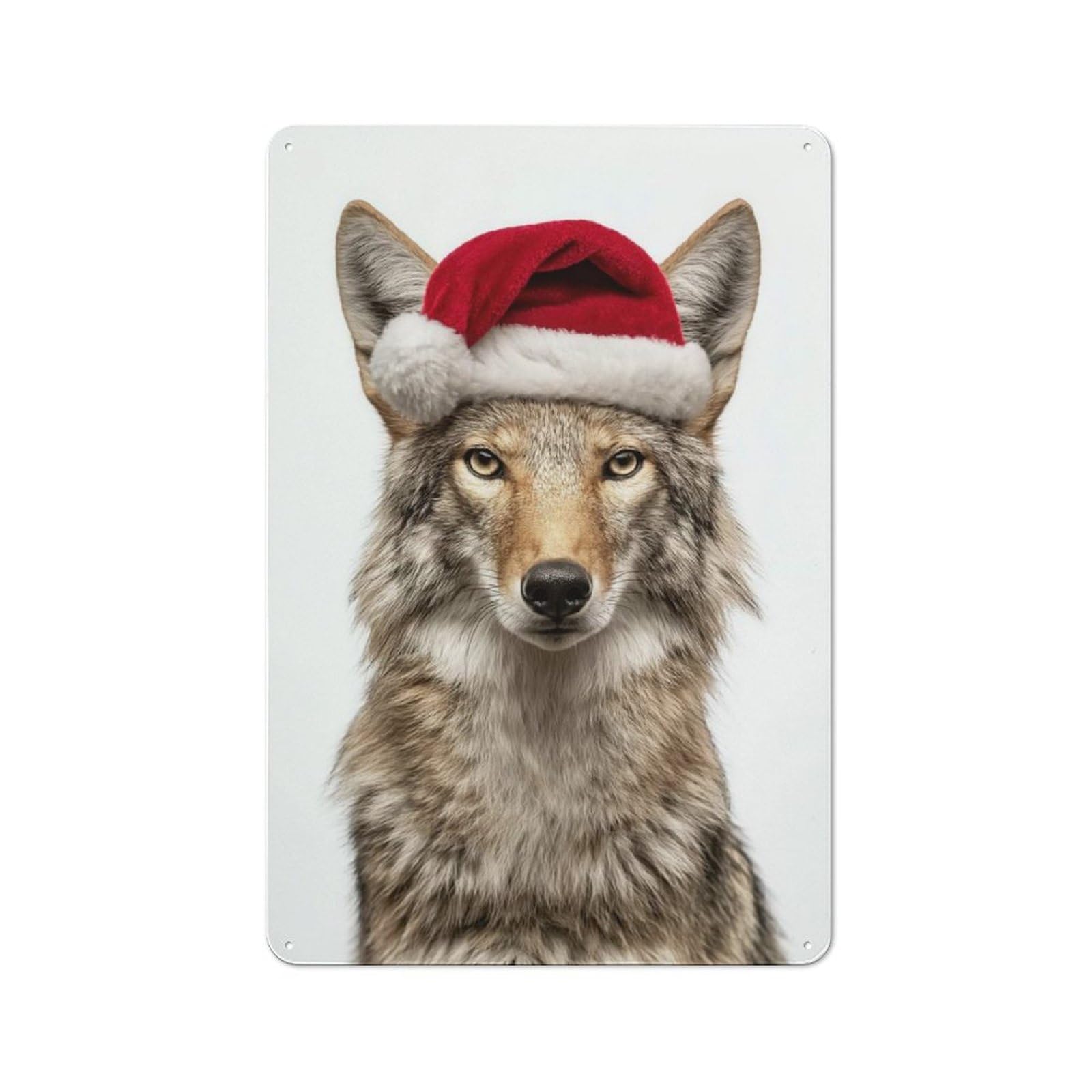 Junmoney Coyote Wearing A Santa Hat Metal Sign 30X20cm With For Workshop Wall, Vintage Decor, A Decorative Christmas Gift For Metal Sign Collectors