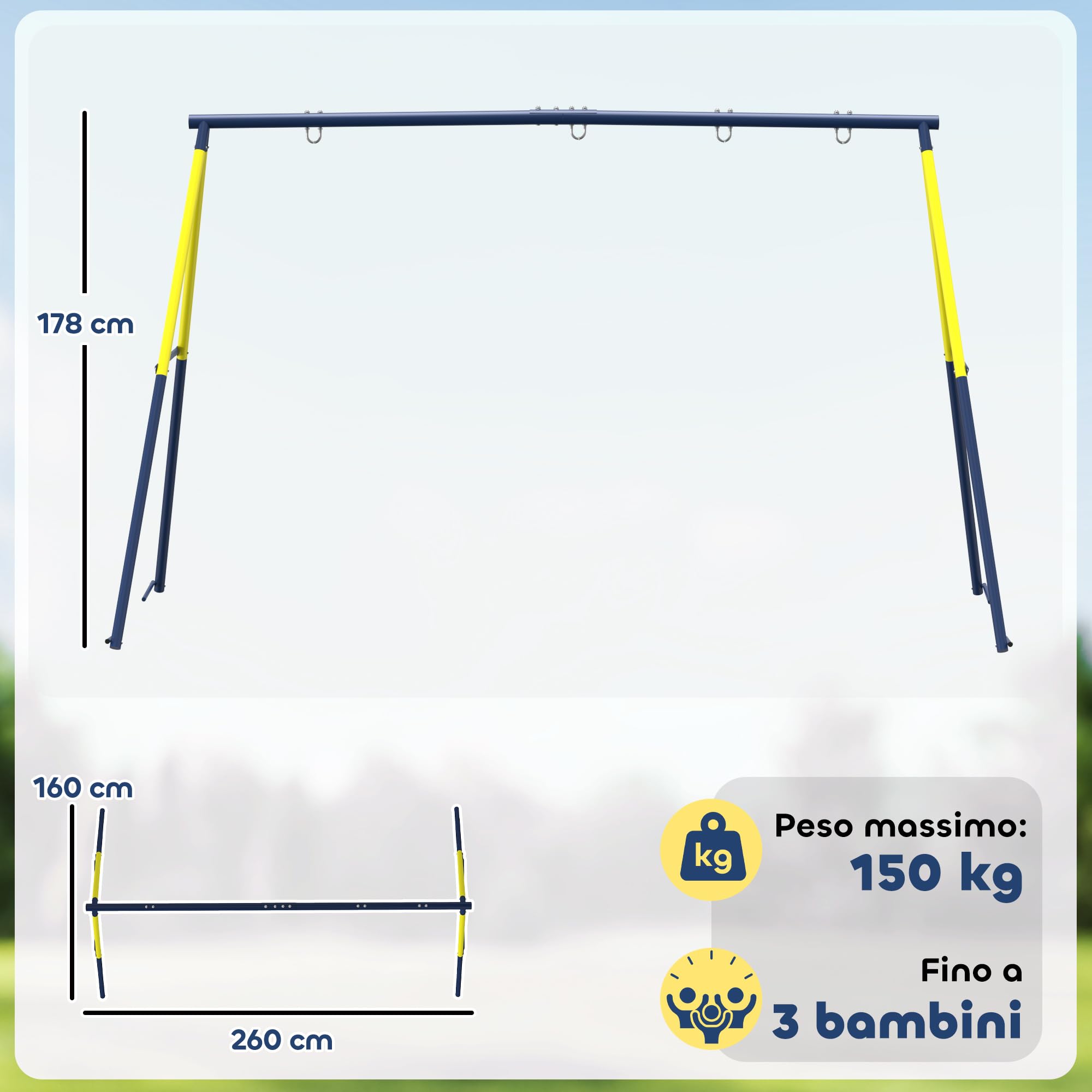 AIYAPLAY Struttura per Altalena da Giardino per Bambini, Struttura Altalena in Acciaio, Anti-UV, Impermeabile, Supporta 150kg, con 4 Ganci per Altalena a Nido, Altalena a U, Scala, 260x160x178 cm, Blu