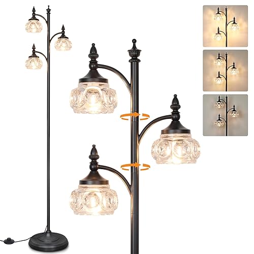 JUNNAI Black Floor Lamp for Living Room,Tall Standing Lamp Dimmable Tree Floor Lamps with 3 Rotatable Lights Glass Shade 66.5'' Modern Corner Lamp for Bedroom Office(3LED Bulbs Included) - Black