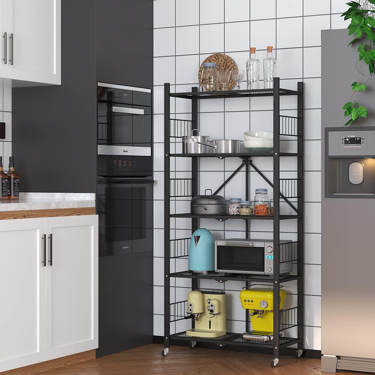 Folding Storage Shelves, 5-Tier/4-Tier/3-Tier Metal Collapsible Shelves with Wheels, Shelving Units and Storage Rack, Rolling Shelf No Assemble.
