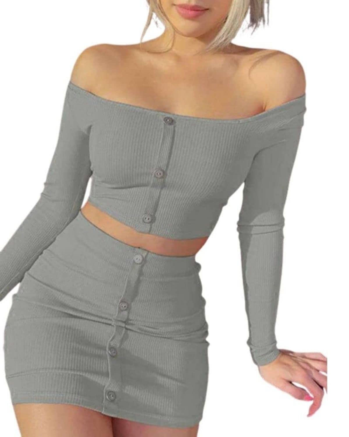 Women's Polyester Slim Fit Casual Solid Off Shoulder Button Skirt Outfits Set of 2| Size-2XL | Color-Gray-image-43