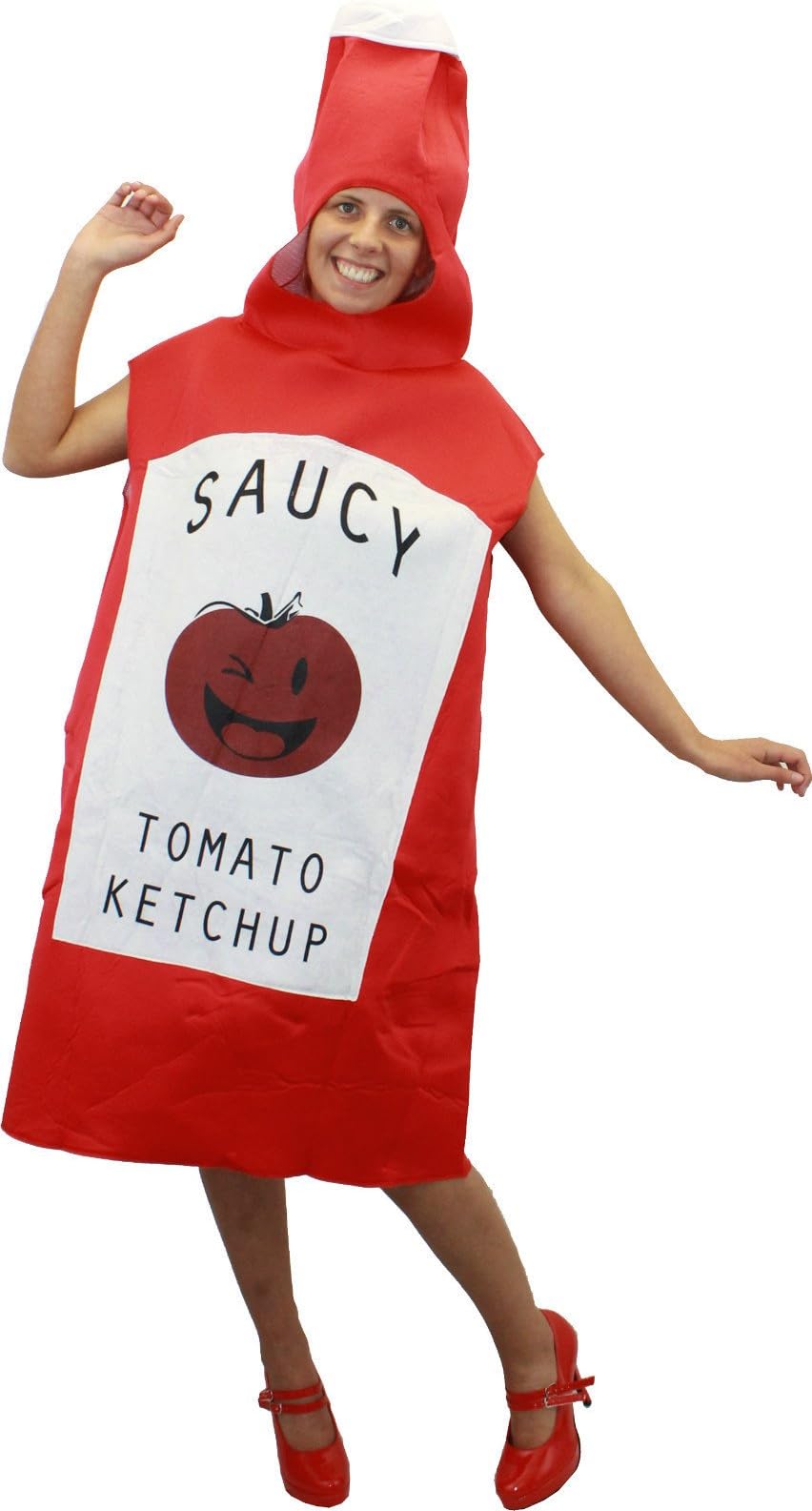 LADIES SAUCY TOMATO KETCHUP BOTTLE FANCY DRESS COSTUME NOVELTY RED SAUCE FOOD ONE SIZE UPTO UK SIZE 18