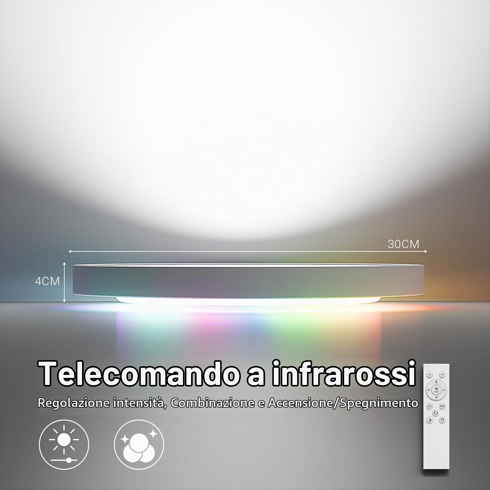 LQWELL® LED Plafoniera Dimmerabile con Telecomando, 24W 2500LM 3000-6500K RGB, Illuminazione da Soffitto Rotonda e Piatta IP44 per Soggiorno Camera da Letto Sala da Pranzo, 300 * 40mm