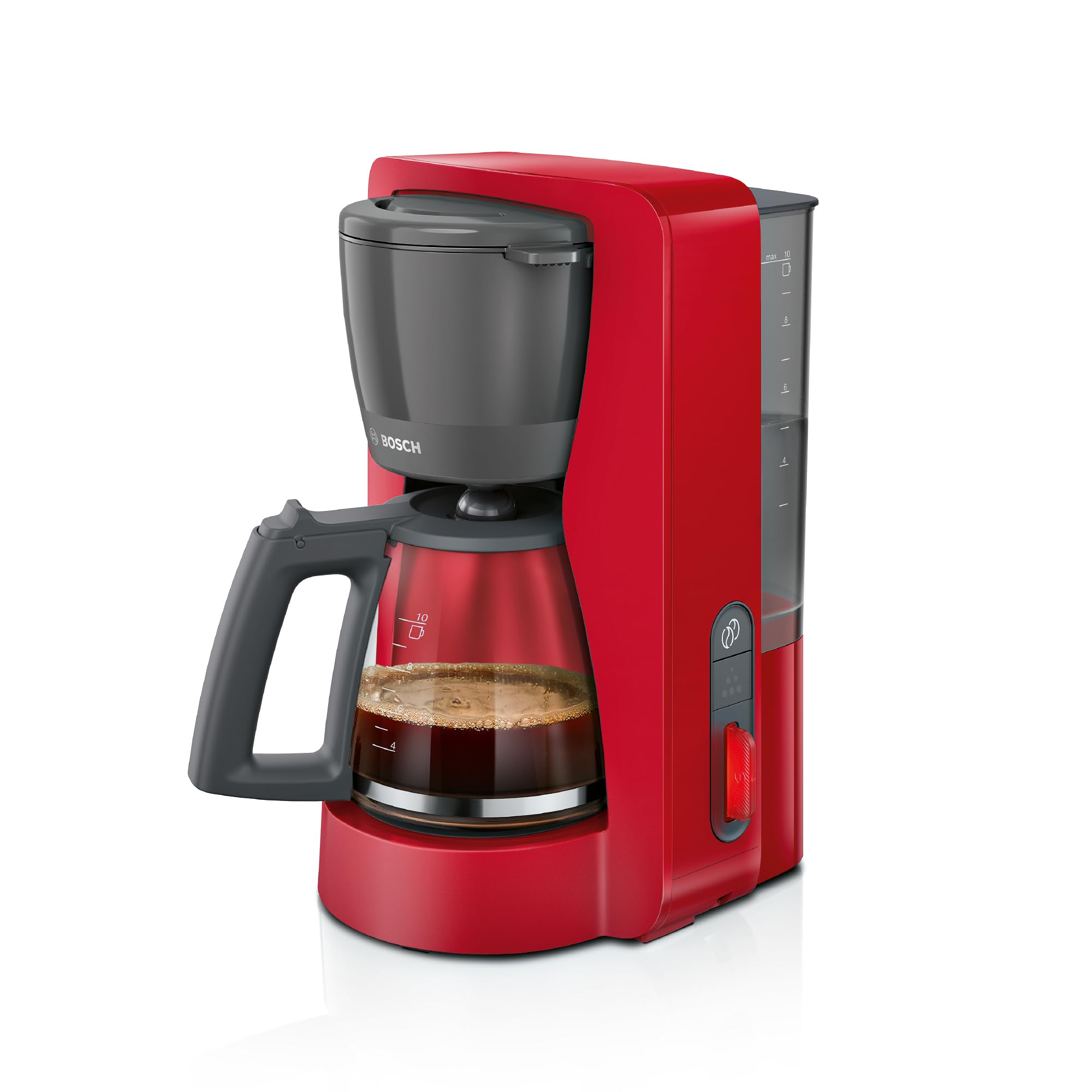 Bosch Macchina da Caffè Americano MyMoment TKA3M134, 1200 W, Capacità fino a 10 Tazze, Filtro Removibile, Caraffa in Vetro, Sistema Antigoccia, Serbatoio Rimovibile, Facile Decalcificazione, Rosso