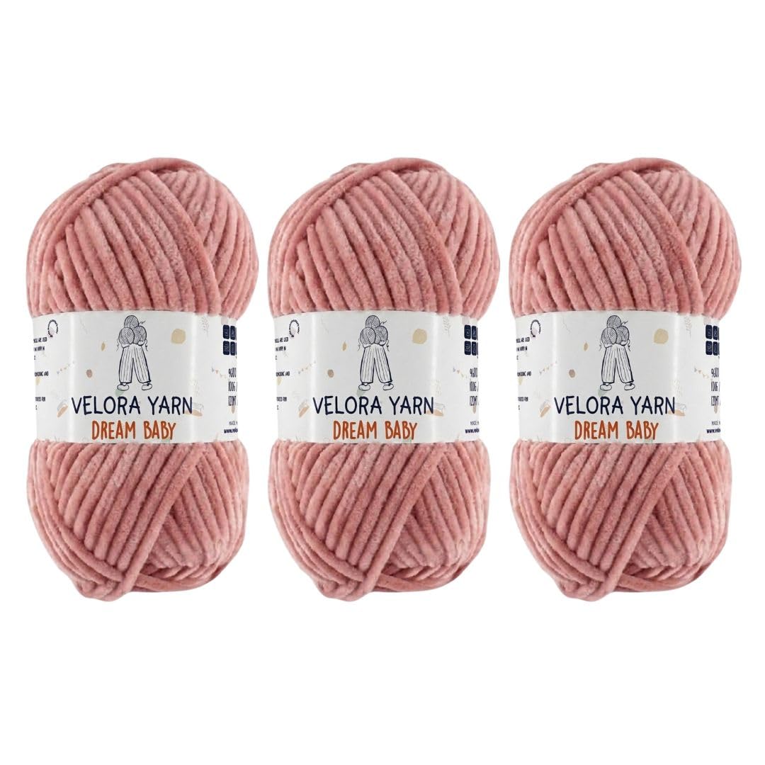 Velora Dream Baby Chenille Yarn Soft Thick Chunky Yarn Skein 100g 120m, Machine Washable for Knitting&Crochet Blanket, Amigurumi, Scarf, Hat,Sweater,Plushies (VY039-Powder, Pack of 3)