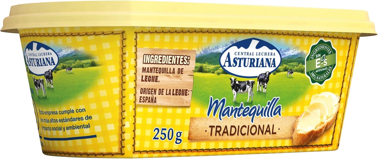 Central Lechera Asturiana Mantequilla Tradicional Sin Sal 250g Barqueta Sabor Lácteo Natural