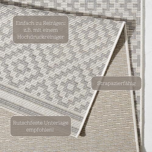 NORTHRUGS In- und Outdoor Teppich Raute 140x200cm - Wetterfest Modern Geometrisches Raute Muster Design Läufer für Balkon Terrasse Garten Wintergarten Wohnzimmerteppich Wasserfest in Grau Creme