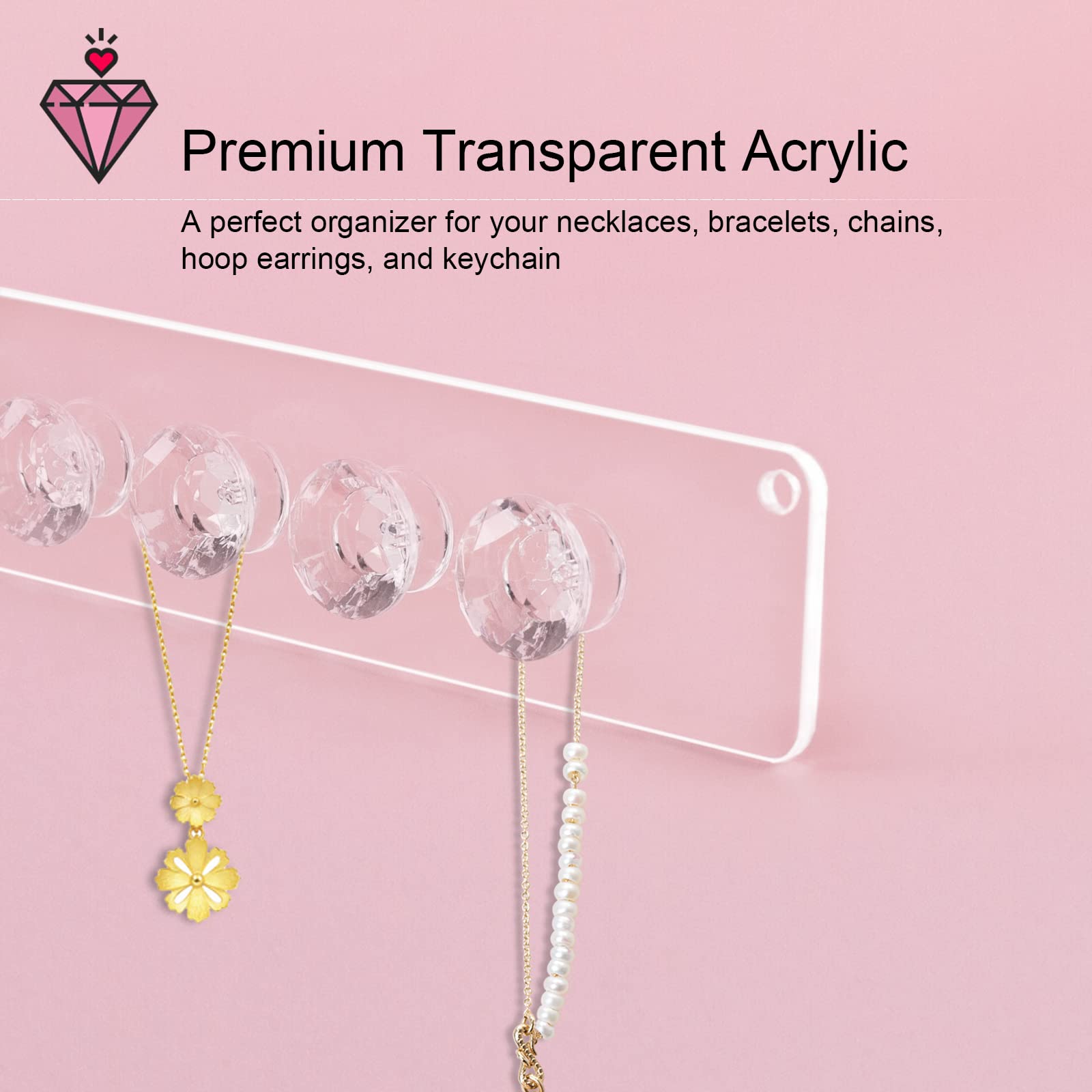 Confezione 6 Organizer Da Parete Trasparenti Per Gioielli, Con 8 Ganci, Adesivo Forte, 9,4x1,5cm - Porta Collane, Bracciali E Orecchini