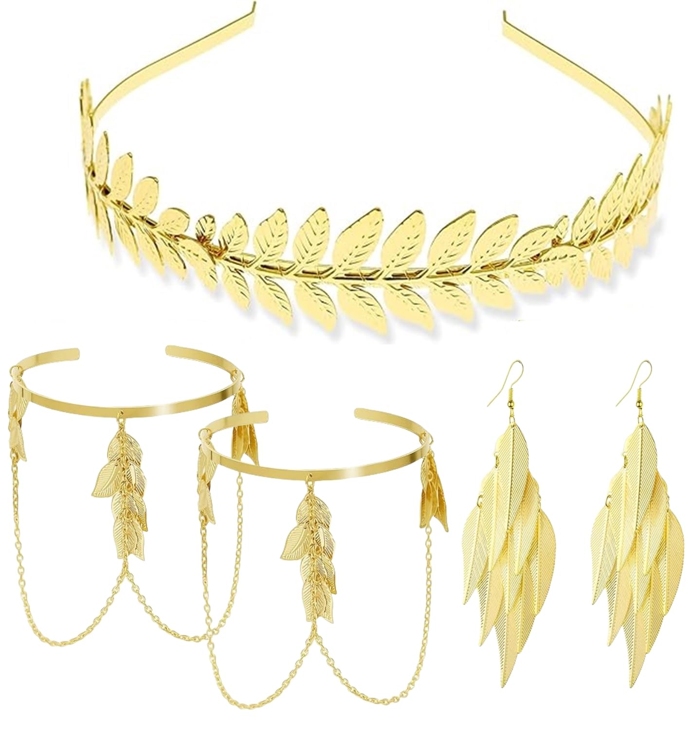 Joonnair 4 stuks Griekse godin kostuumset met hoofdtooi, lauwerkrans en sieraden, Romeinse haarband, Griekse sieraden voor bruiloft kostuum party