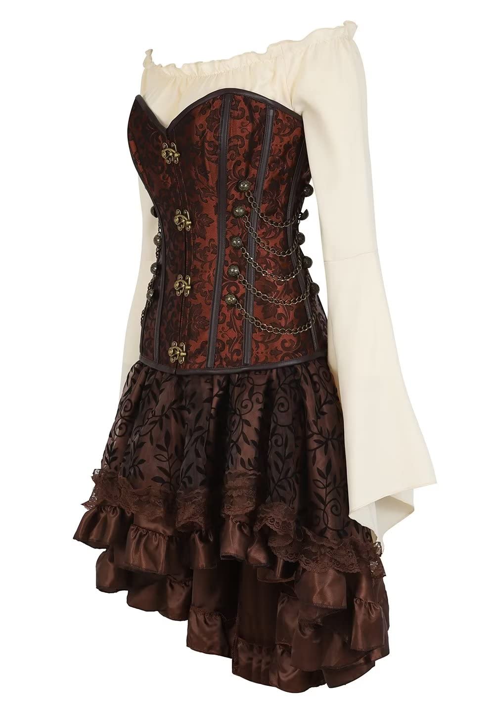 Jutrisujo Korsett Kleid 3 Set Steampunk Corsage Corsagenkleid Bustier Piraten Kostüm Spitzenrock und Bluse für Karneval Halloween Schwarz M