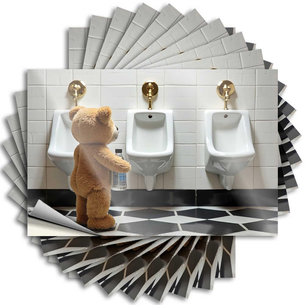 Funny Sticker Square Winter Tumbler Teddy Bear At The Urinals - No Residue Decals for Mold(6X9CM)