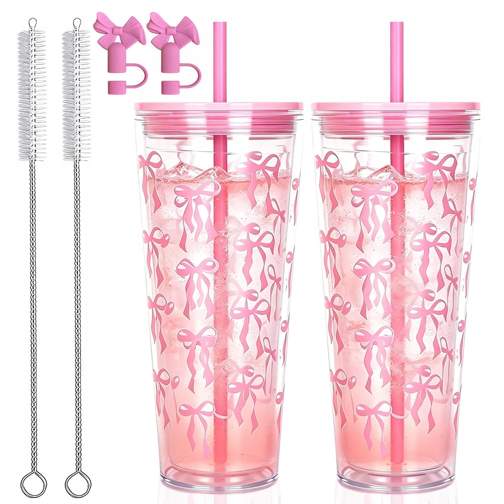 Agarte 700ml Reusable Tumbler with Straw and Lid, 2 Pack Clear Plastic Iced Coffee Travel Cups, Reusable Tumbler Cup Bow Tie Cold Cups, for Office, Travel and Daily Use, Gifts for Girls (Pink Bow)