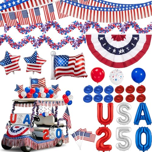 America 250 4th of July Decorations - 40Pcs Golf Cart Decorations Kit Parade 4th of July USA 250 Balloons Flag Bunting Fringe Curtain - Patriotic Golf Cart Decorations for Fourth of July Party
