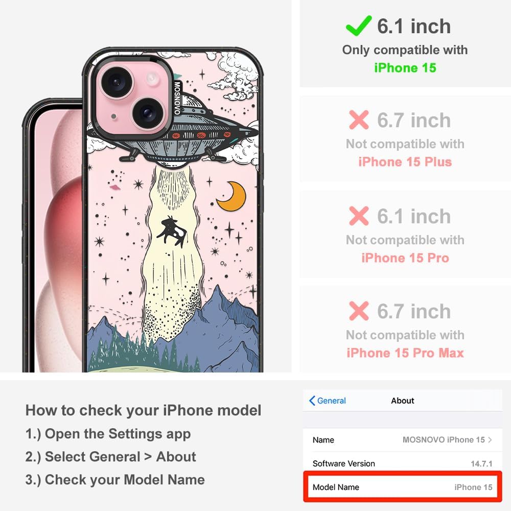 MOSNOVO Case for iPhone 15, [10ft 4X Military-Grade Drop Protection] Durable & Shockproof Phone Case Cover Design for iPhone 15 - UFO - Clear Black