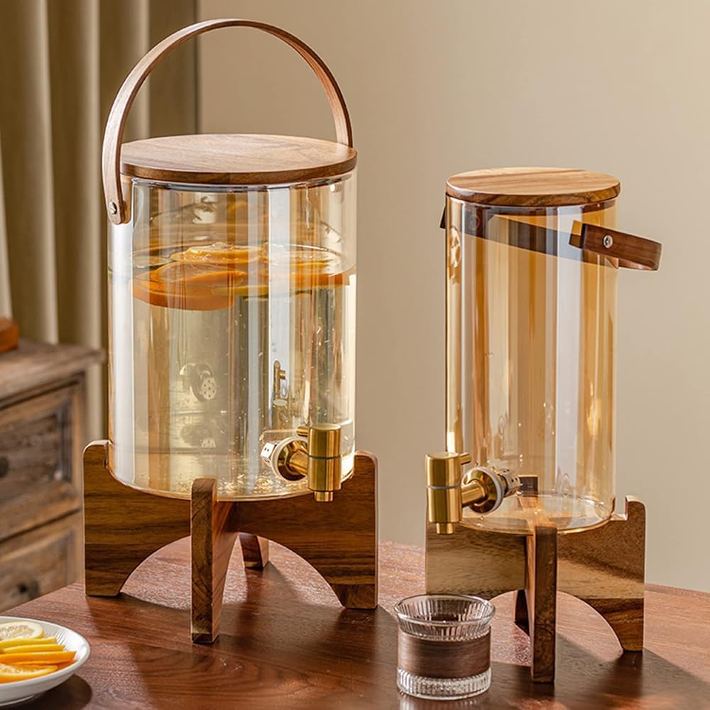 Dispensador de bebidas de vidrio con soporte de madera para bebidas frías o calientes para eventos al aire libre, fiestas y uso diario