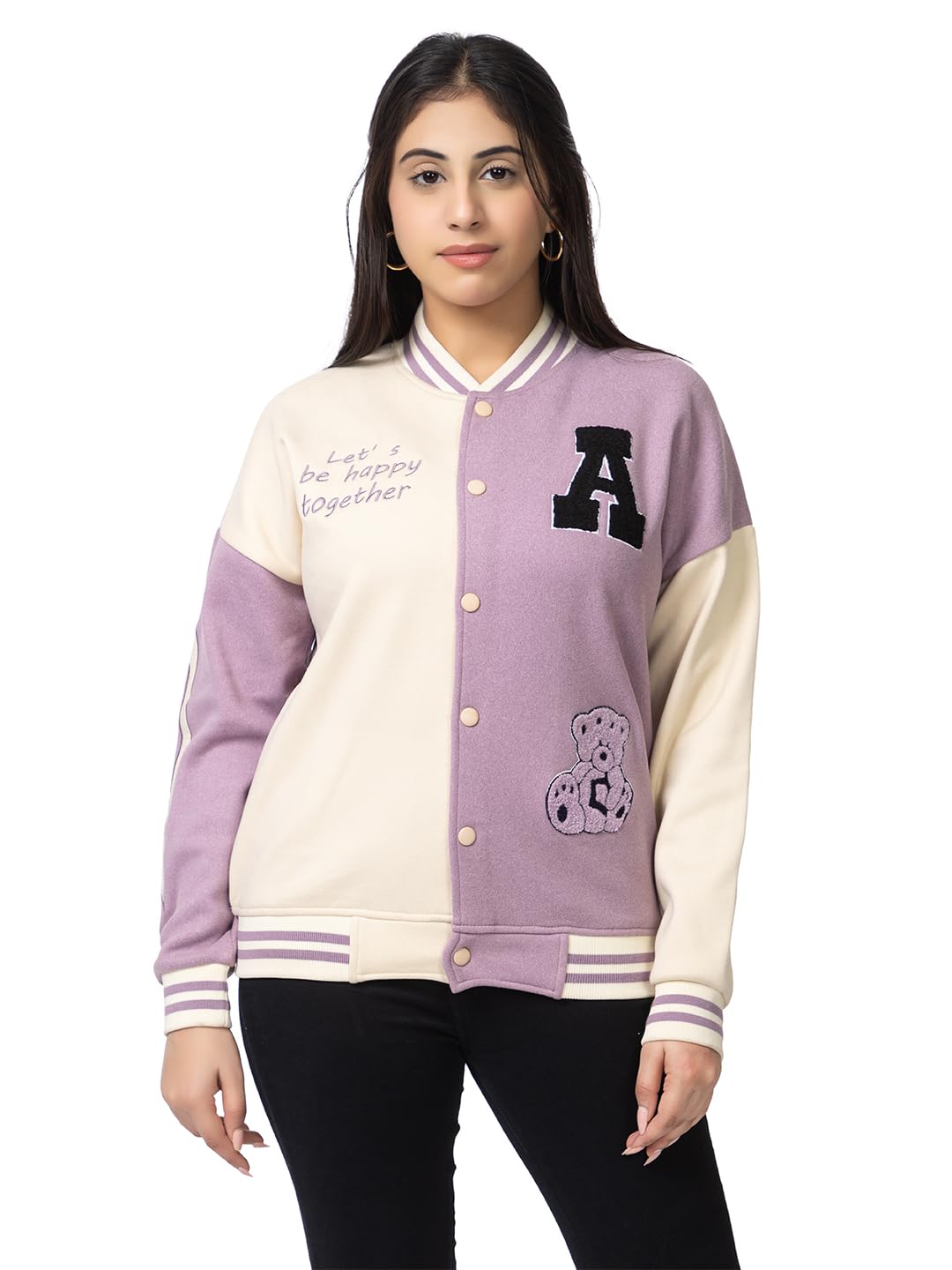 arish Lavender Cream Varsity Fleece Polyester Jacket, Imported-picture-39