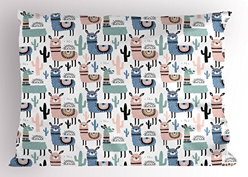 Ambesonne Llama Pillow Sham, Children Cartoon Style Hand Drawn South American Animals Alpacas and Llamas Design, Decorative Standard Queen Size Printed Pillowcase, 30